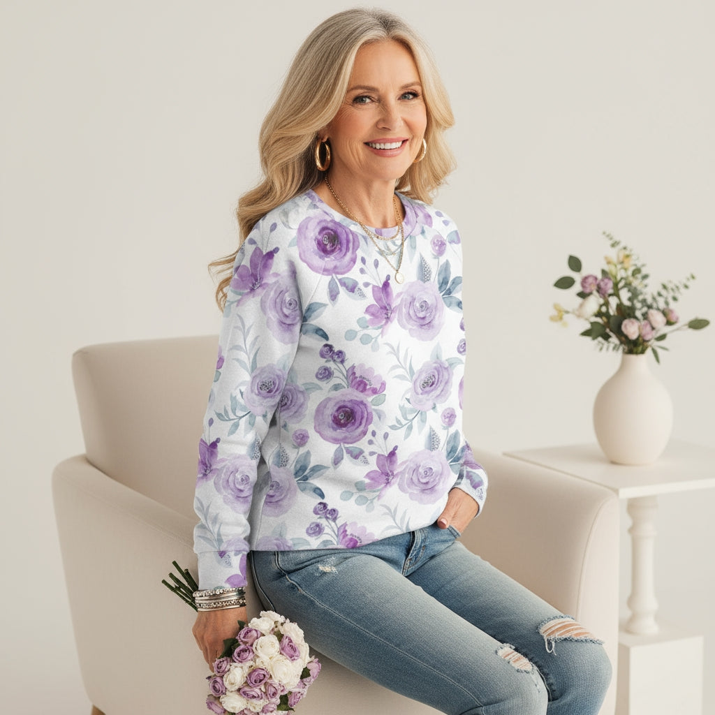 Lavender Blossom Women's Relaxed Fit Floral Sweatshirt Soft & Stylish