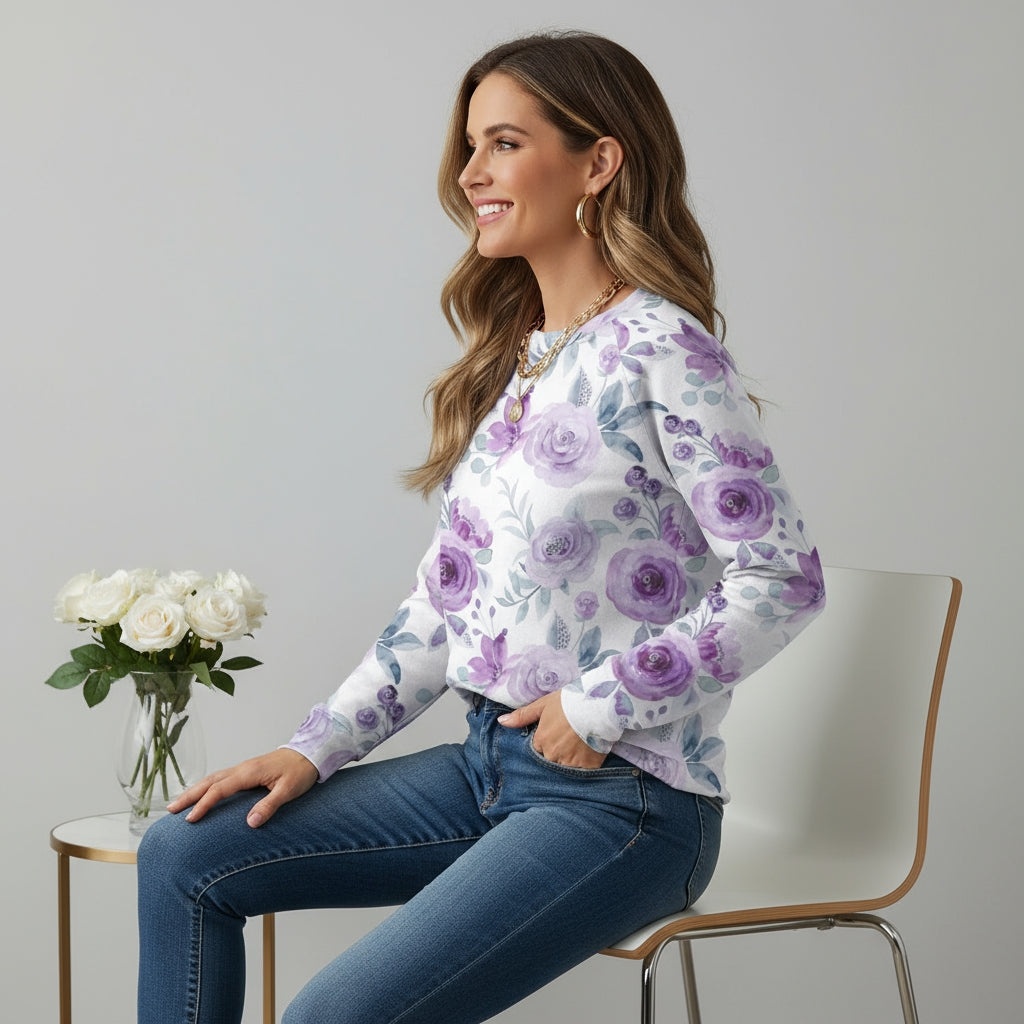Lavender Blossom Women's Relaxed Fit Floral Sweatshirt Soft & Stylish