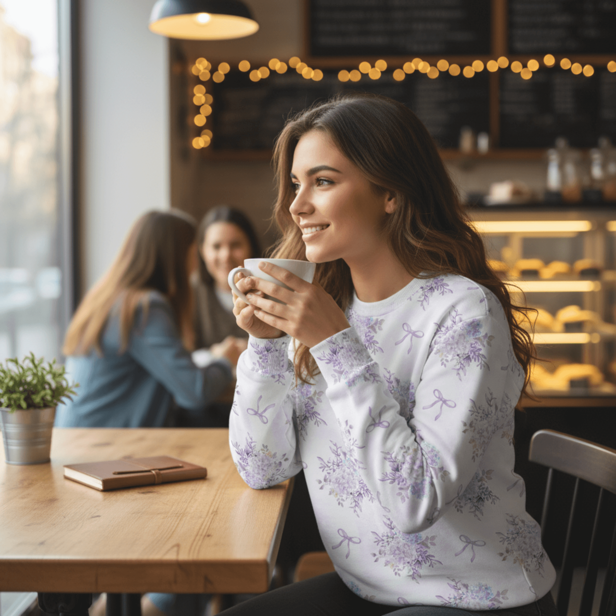 Blaues Hortensien-Raglan-Sweatshirt mit Rundhalsausschnitt für Damen