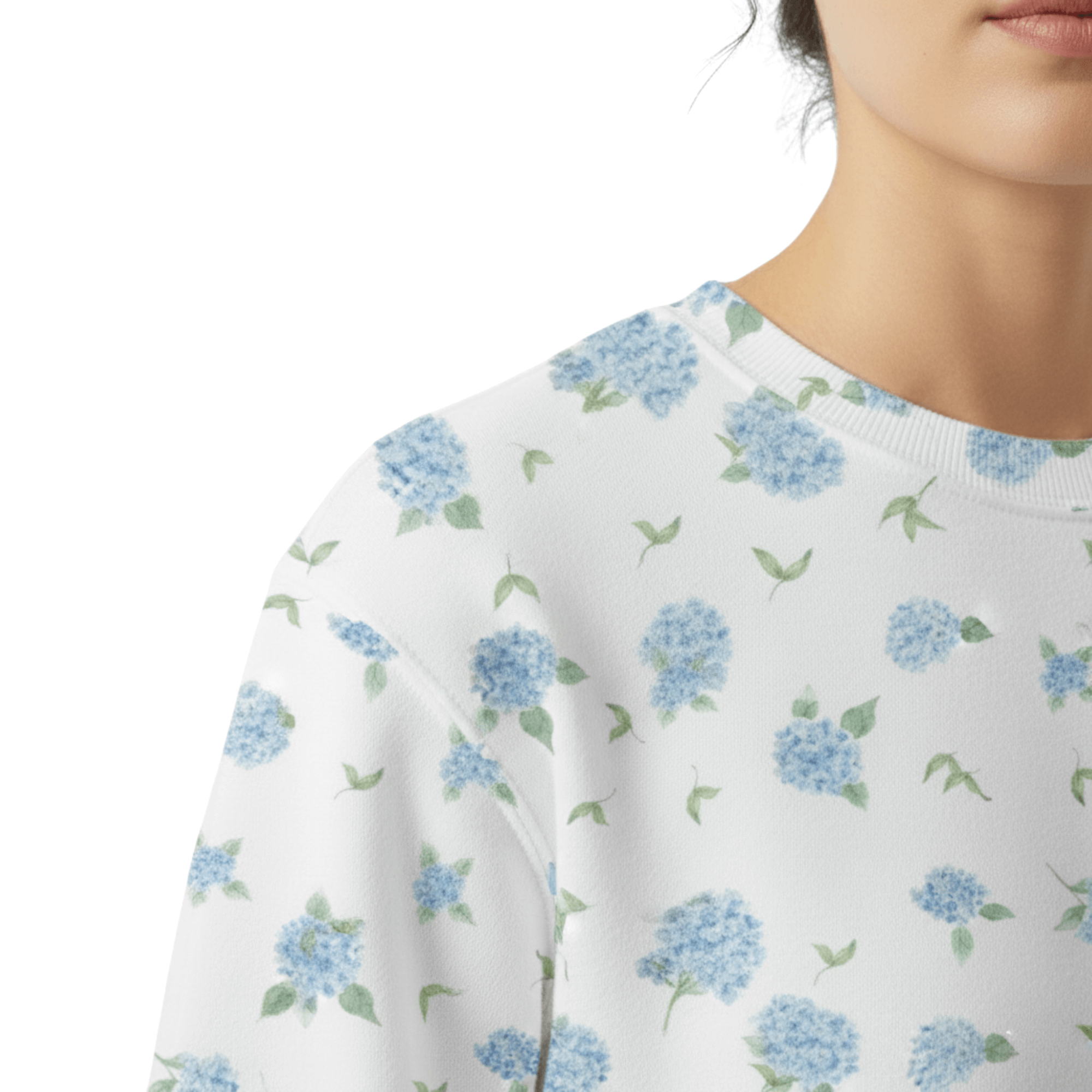 Chic Cotton Sweatshirt in Camilla's Hydrangea Floral Print front closeup
