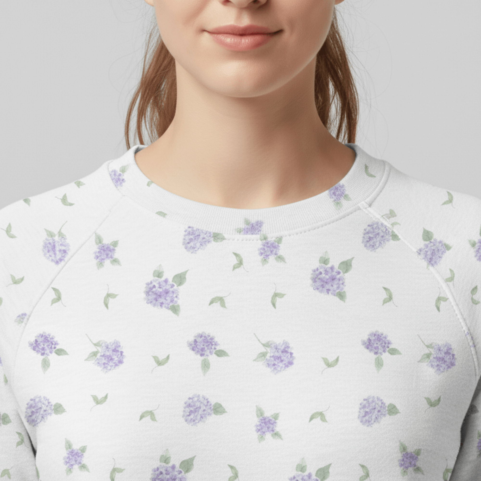 Cotton Sweatshirt in Aurora's Hydrangea Floral Print closeup front details