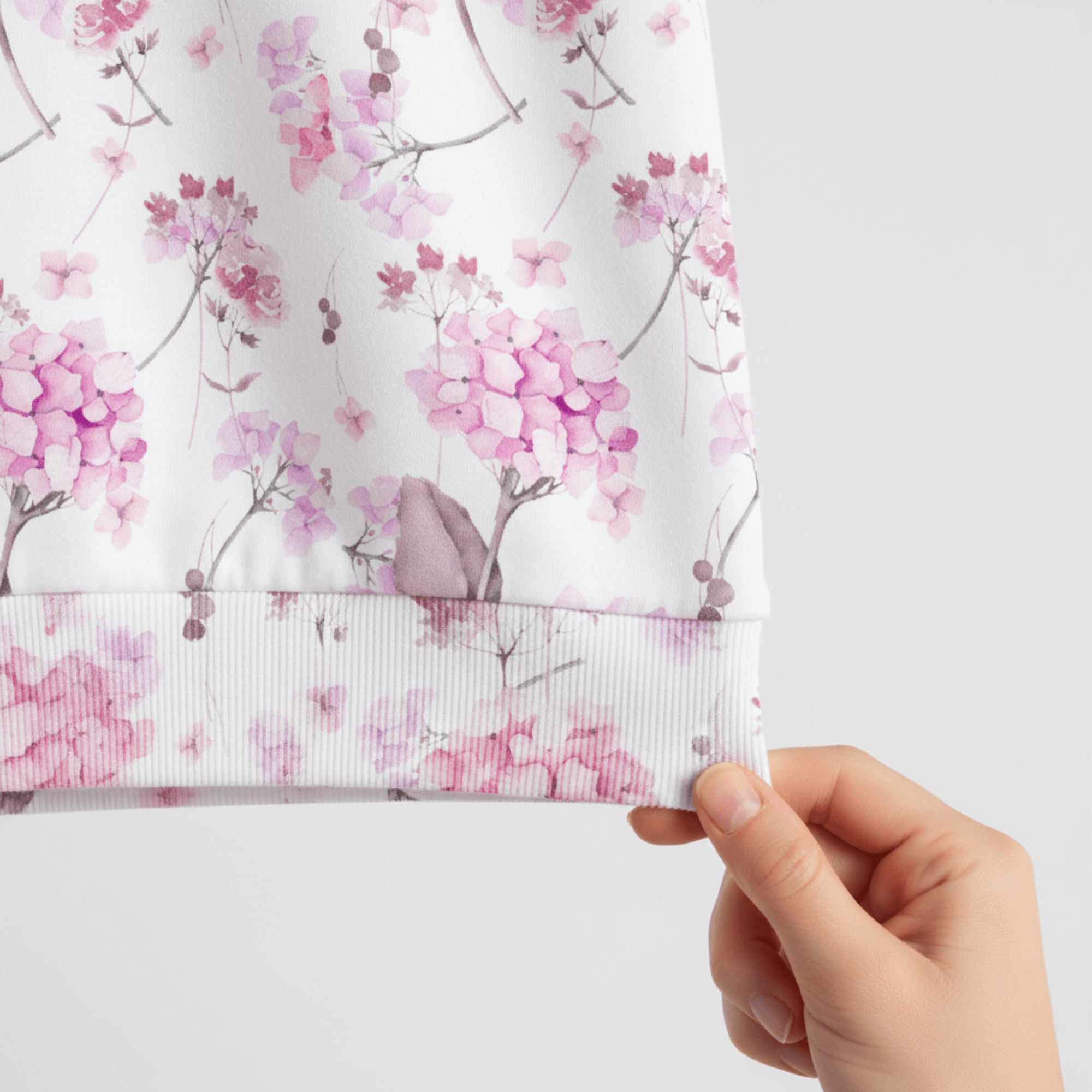 Cotton Sweatshirt in Olivia's Hydrangea Floral Print lower sleeve close up