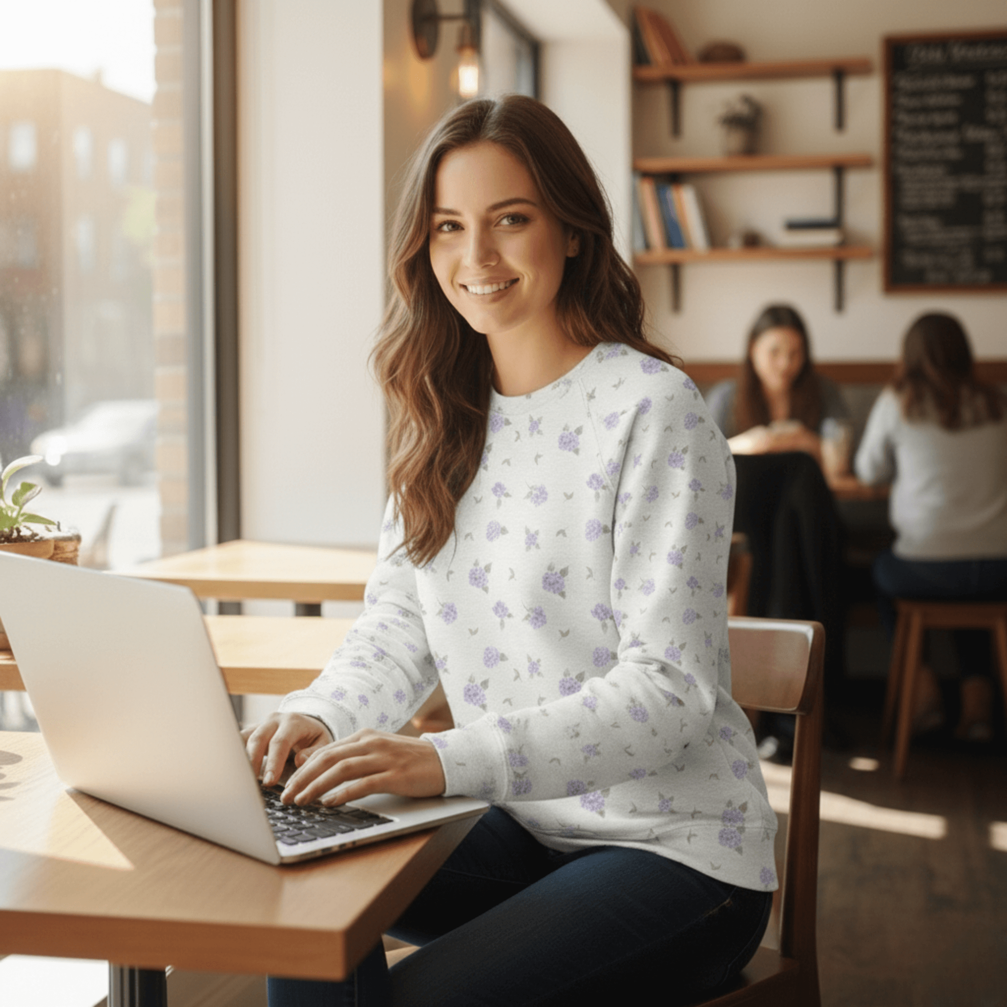 Woman wearing Stylish Cotton Sweatshirt in Aurora's Hydrangea Floral Print using a laptop in a cafe