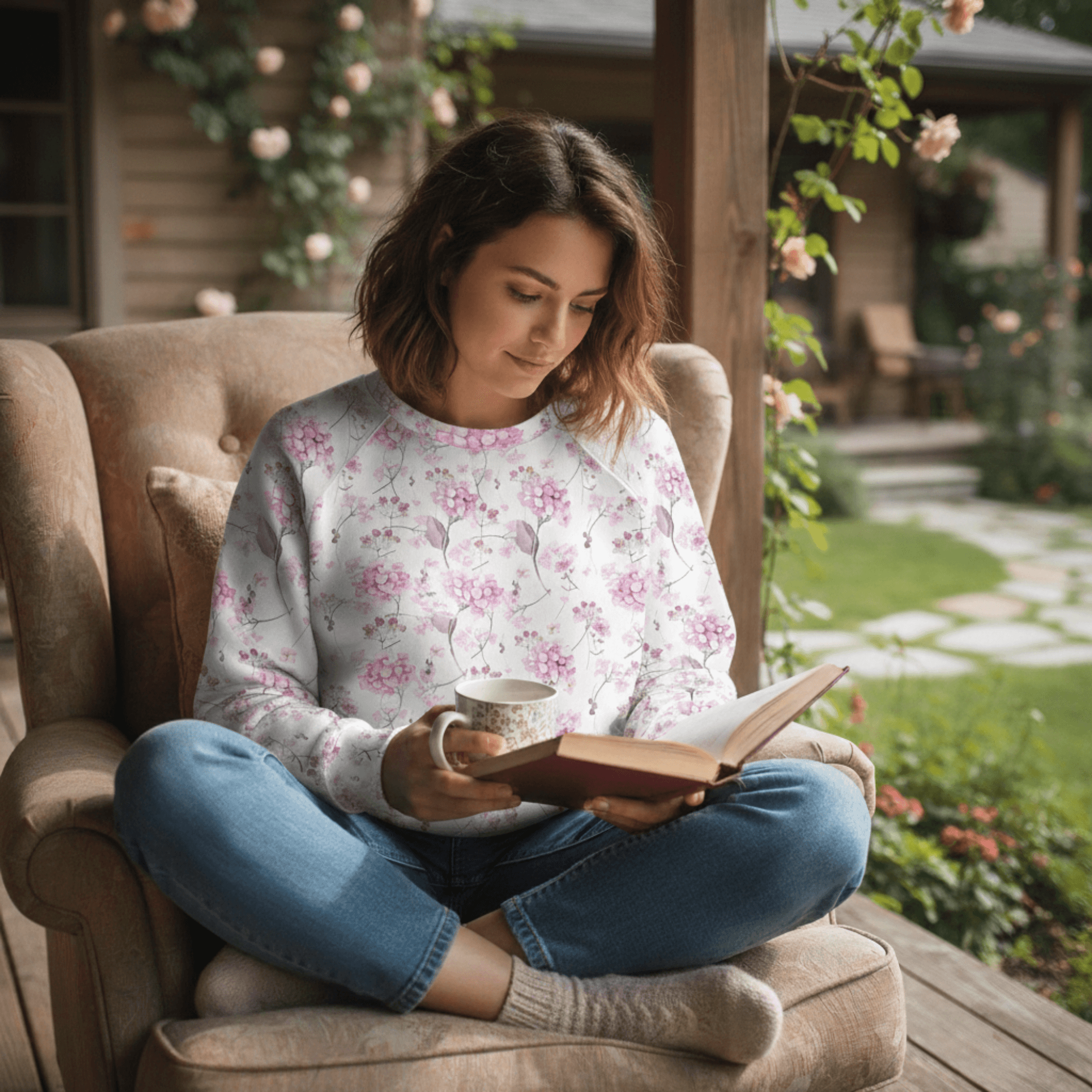 Woman wearing Cotton Sweatshirt in Olivia's Hydrangea Floral Print Woman while reading a book and holding a mug in a garden setting
