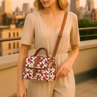 Woman holding a patterned handbag with a cityscape in the background