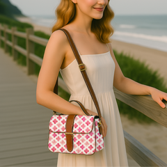 Woman in a white dress holding a patterned handbag by a wooden railing with a beach in the background