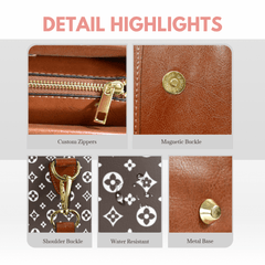 Product detail highlights with images of custom zippers, magnetic buckle, shoulder buckle, water resistance, and metal base on a brown leather product.