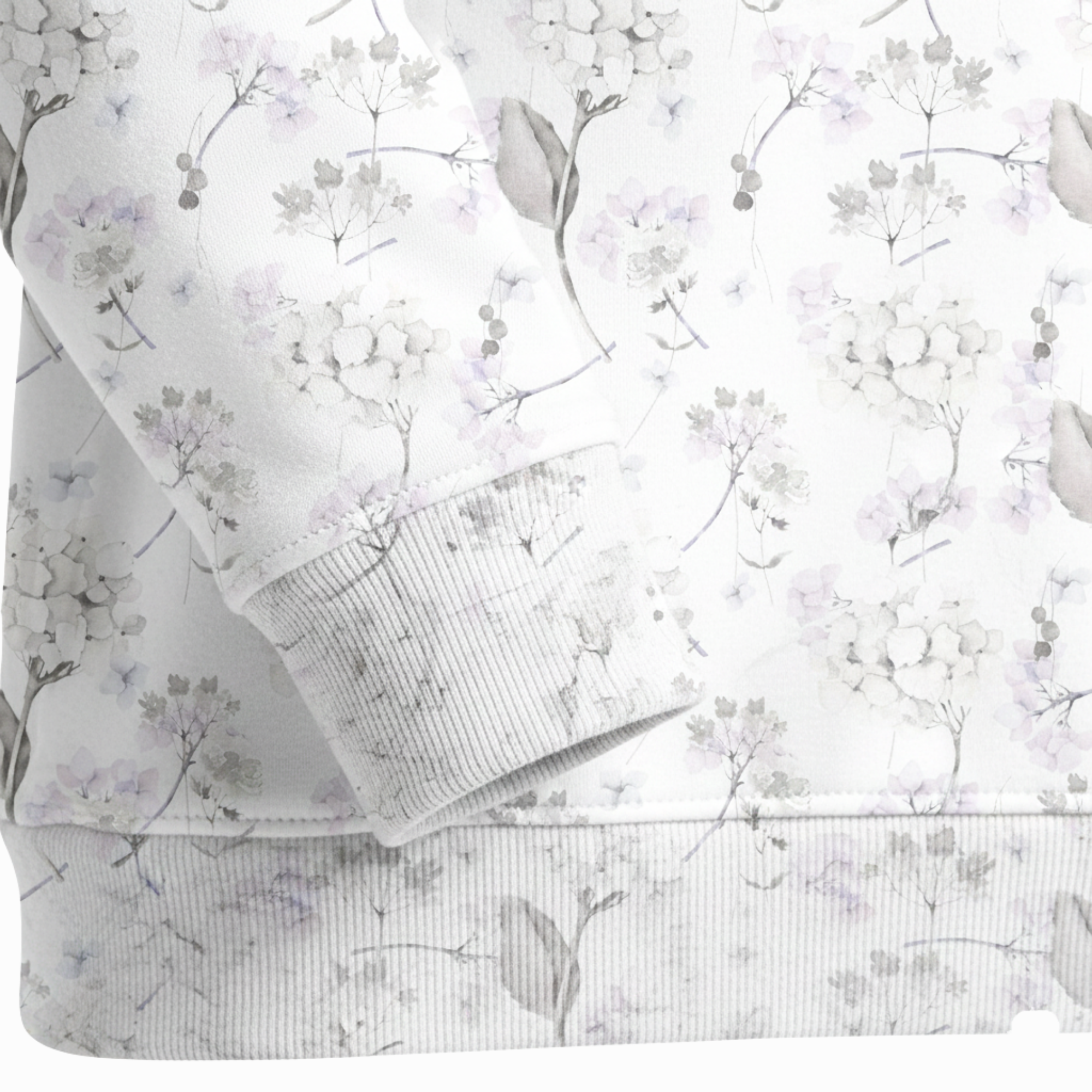 Chic Cotton Sweatshirt in Celeste's Hydrangea Floral Print close up 