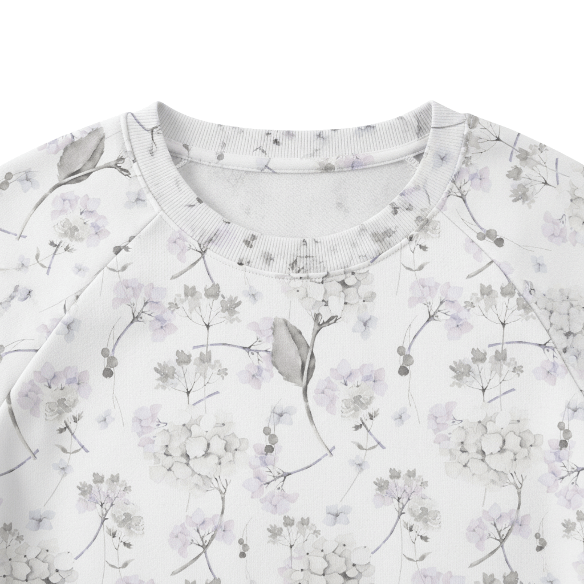 Chic Cotton Sweatshirt in Celeste's Hydrangea Floral Print front details