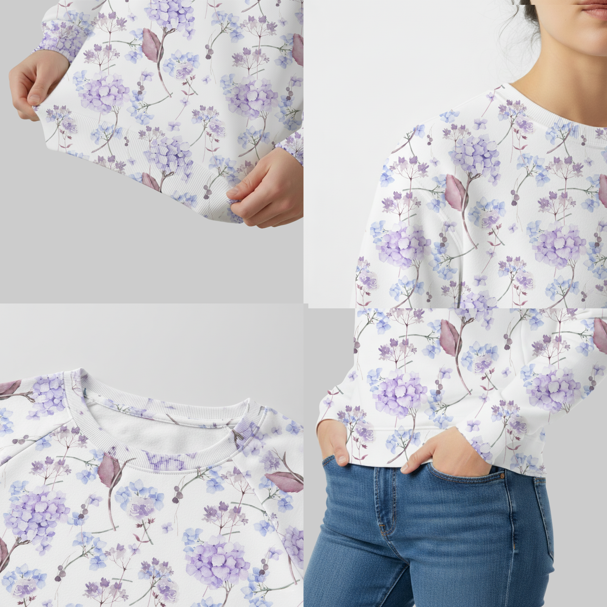 Chic Cotton Sweatshirt in Daphne's Hydrangea Floral Print different angles