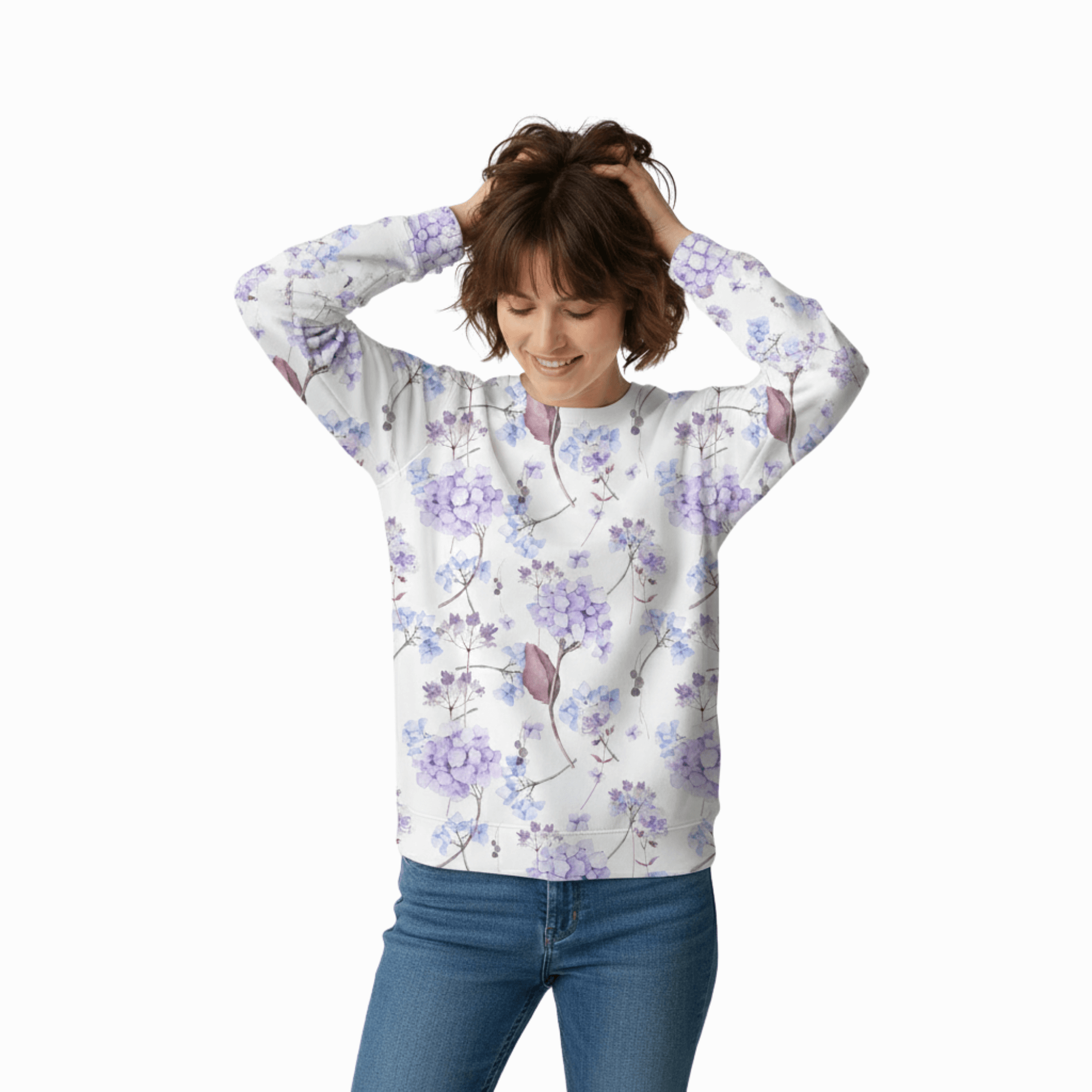 Chic Cotton Sweatshirt in Daphne's Hydrangea Floral Print front details