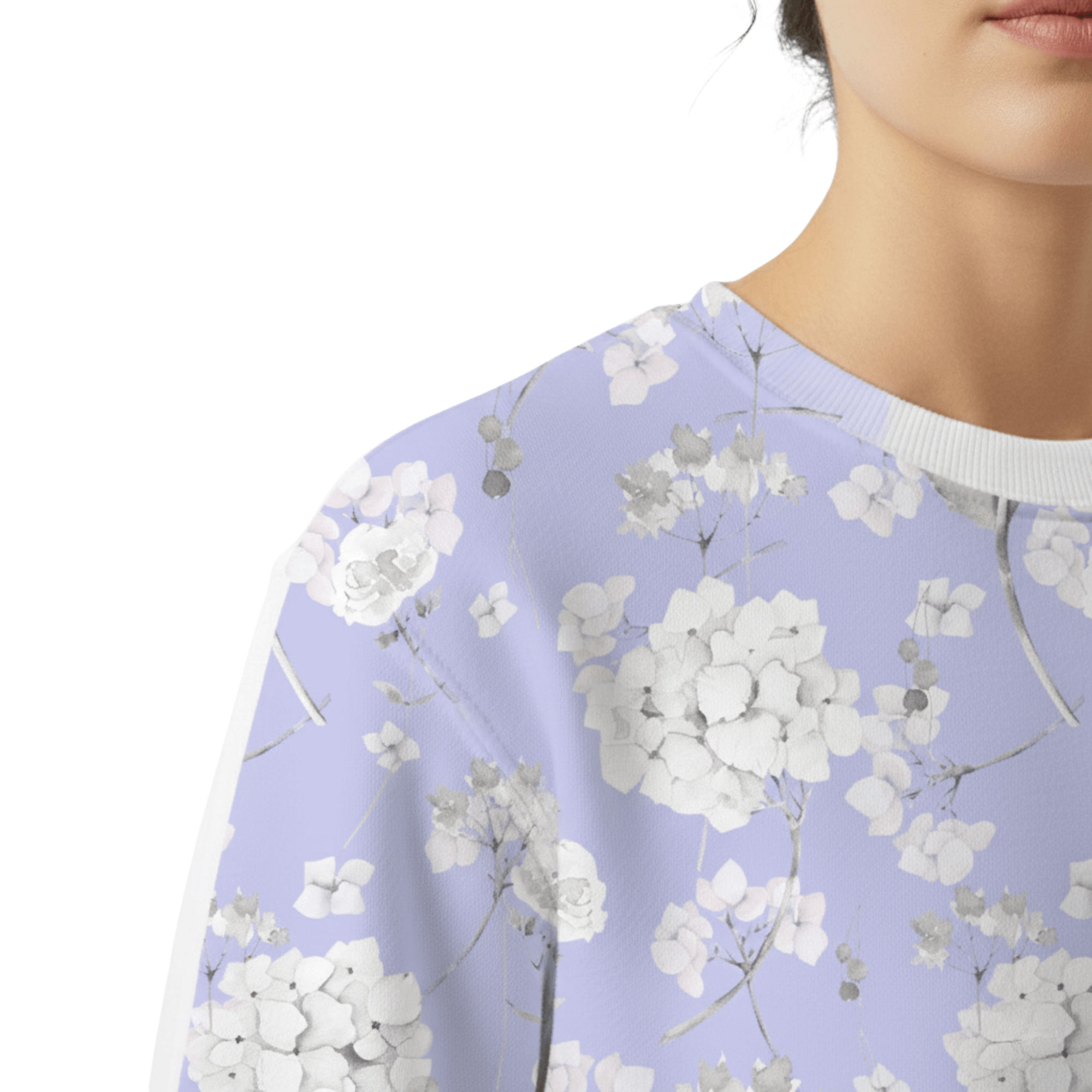 Chic Cotton Sweatshirt in Evangeline's Hydrangea Floral Print front closeup