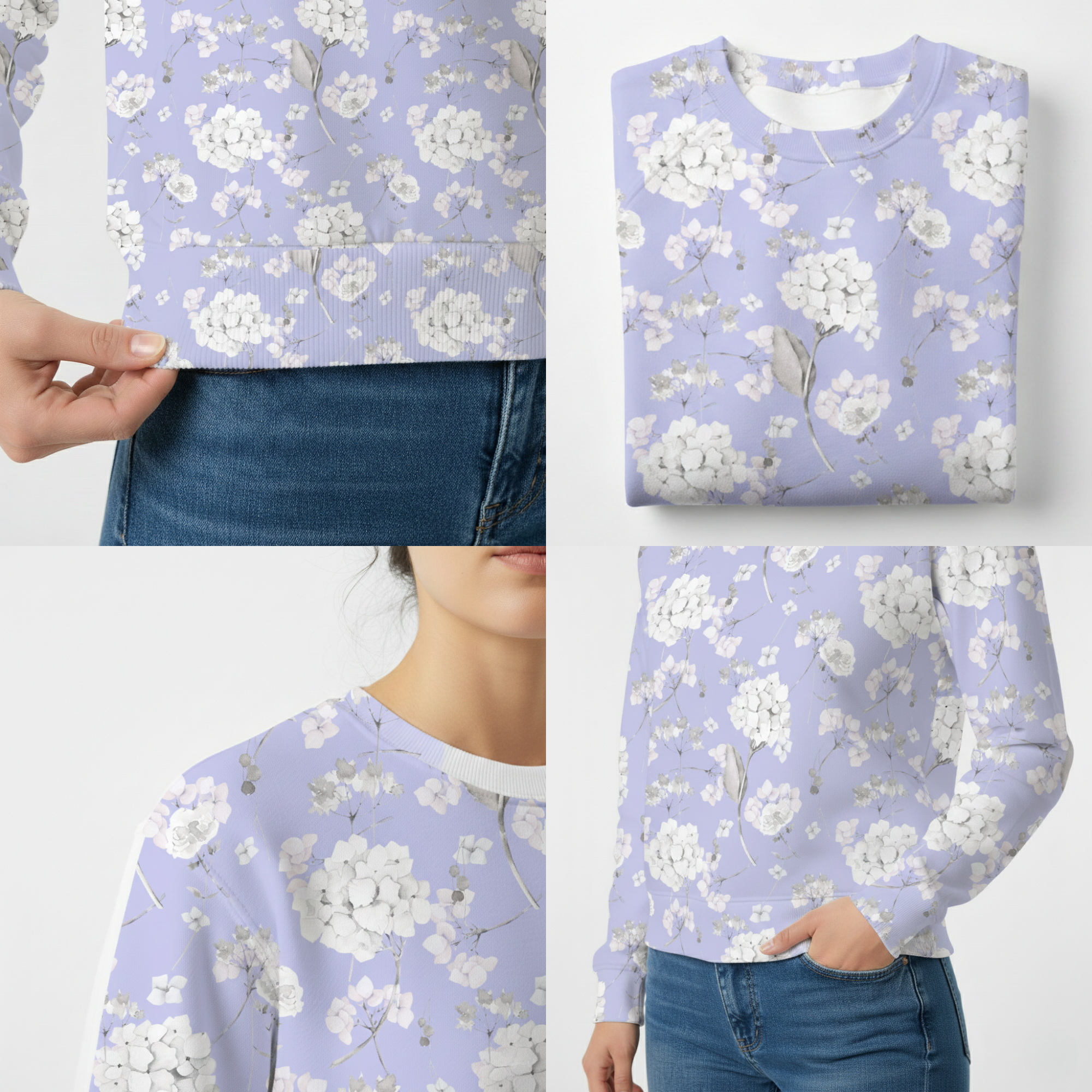 Chic Cotton Sweatshirt in Evangeline's Hydrangea Floral Print multiple angles