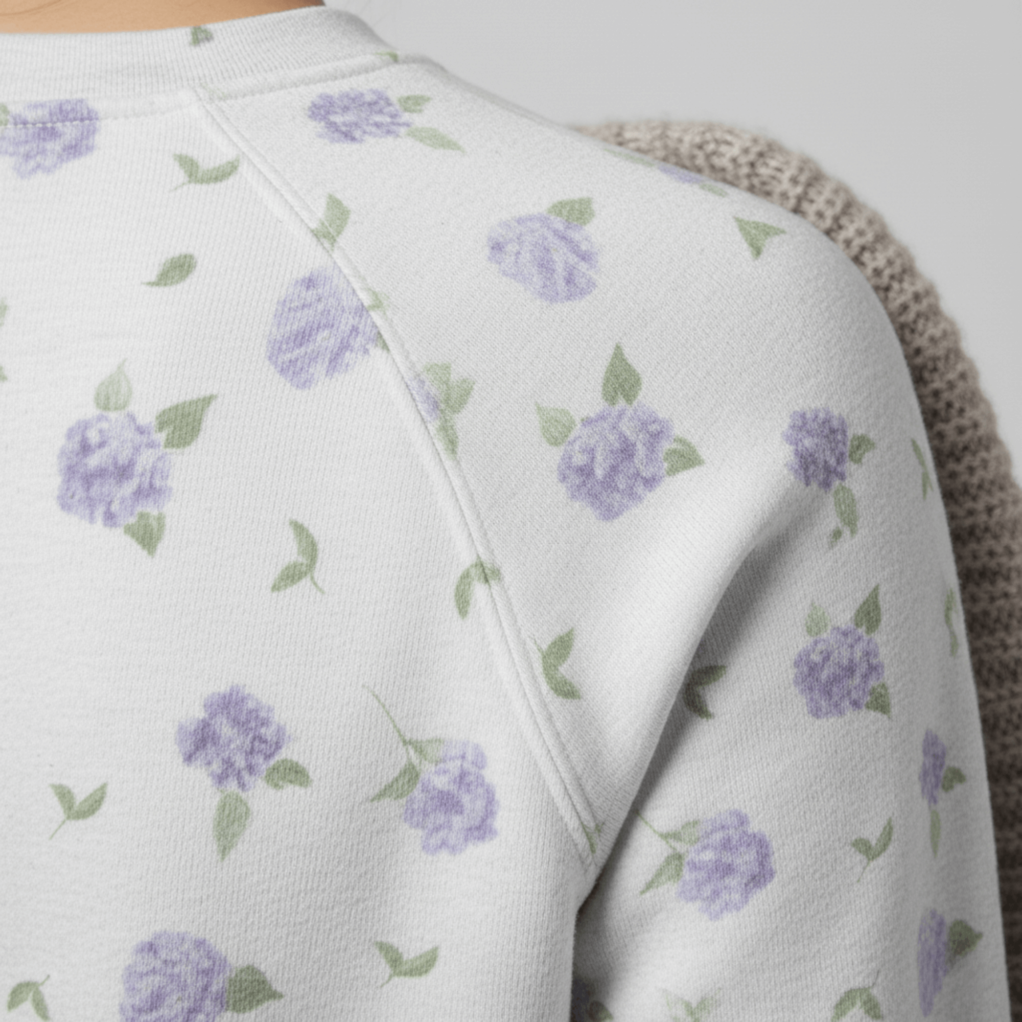 Cotton Sweatshirt in Aurora's Hydrangea Floral Print closeup shoulder details