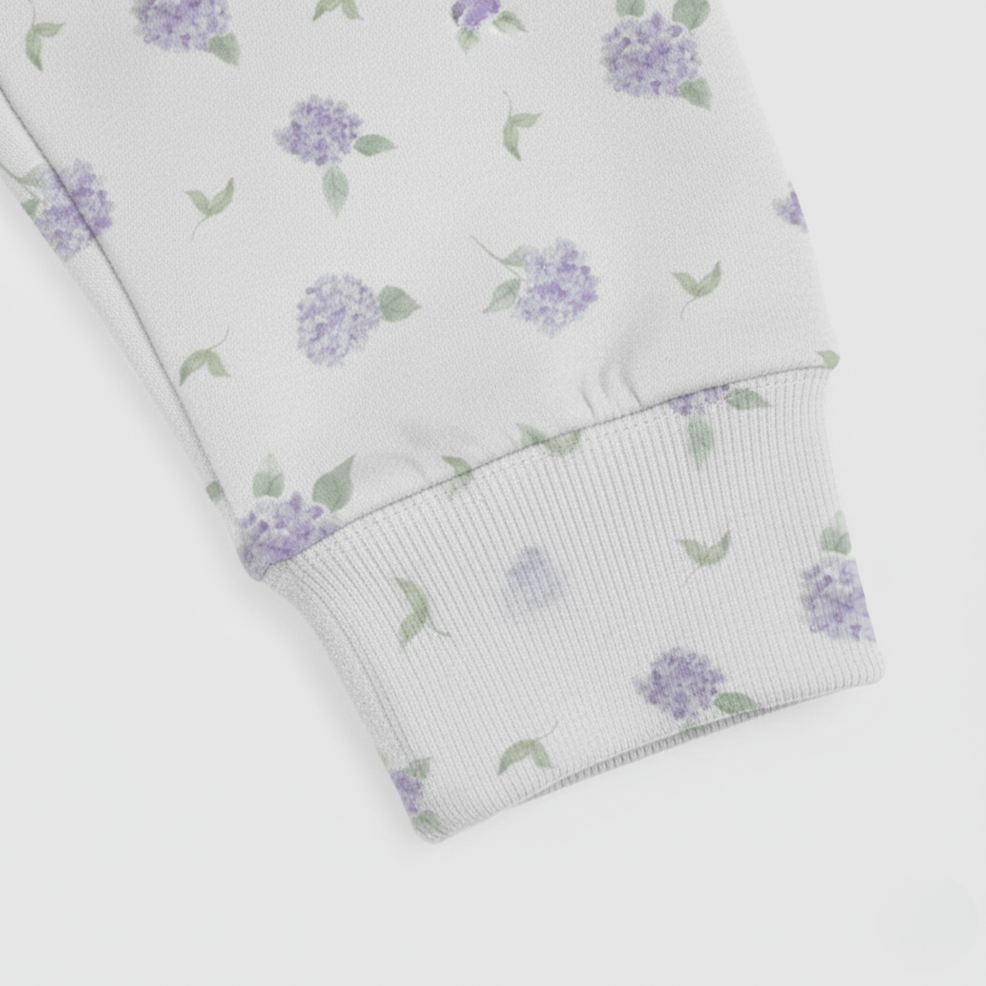 Cotton Sweatshirt in Aurora's Hydrangea Floral Print closeup sleeve details