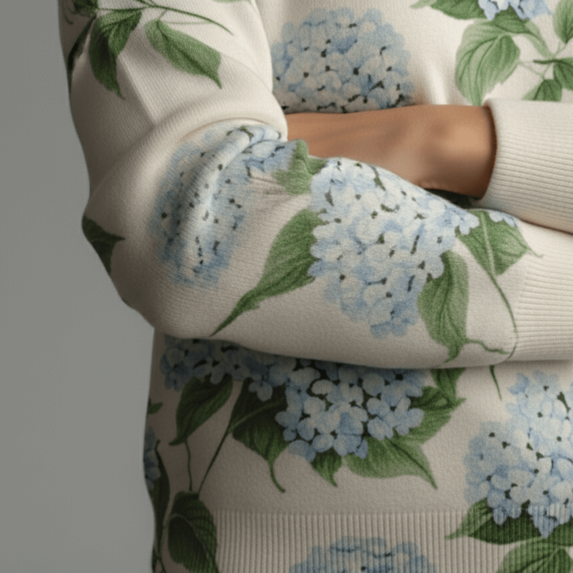 Cotton Sweatshirt in Blue Hydrangea Floral Print arm details 