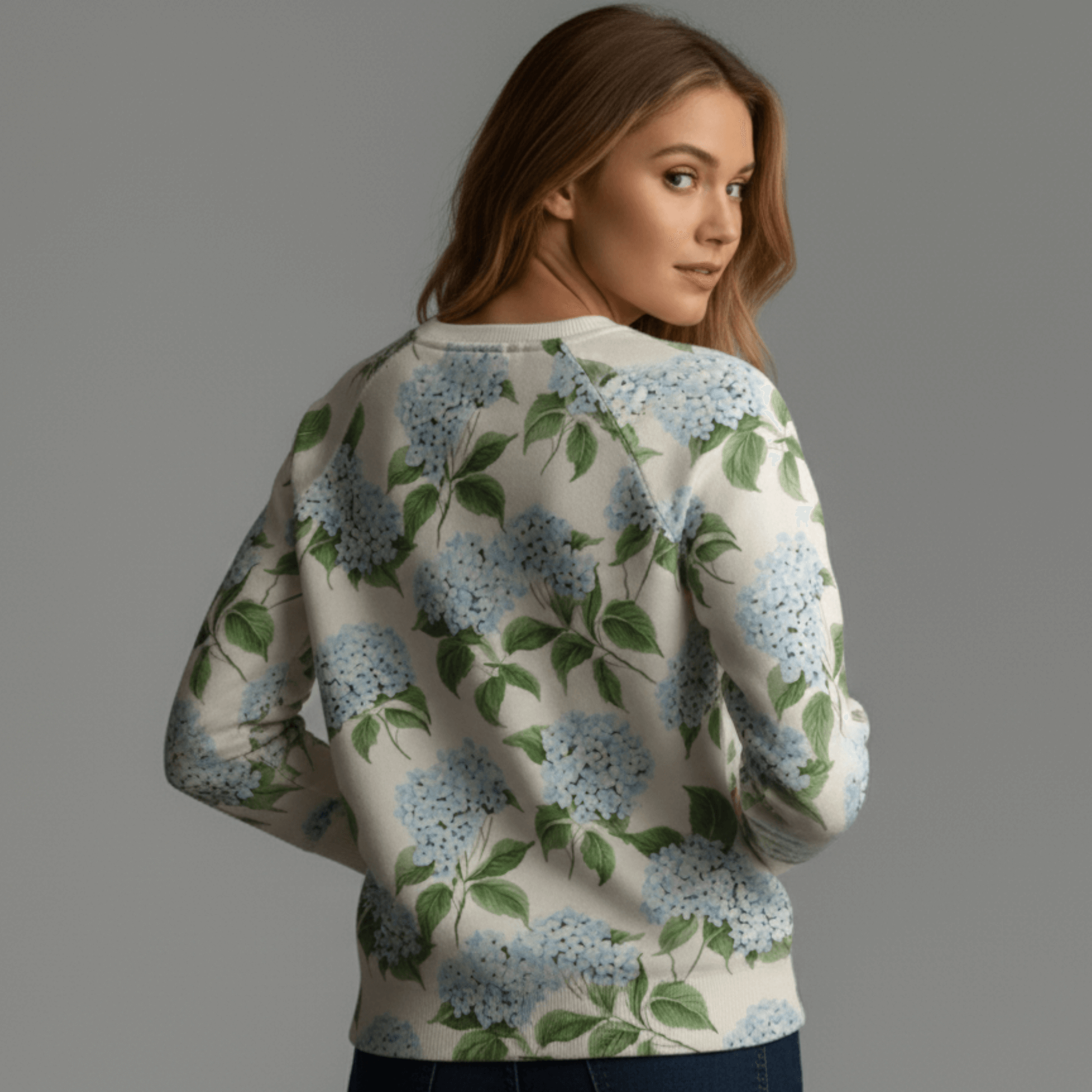 Cotton Sweatshirt in Blue Hydrangea Floral Print back