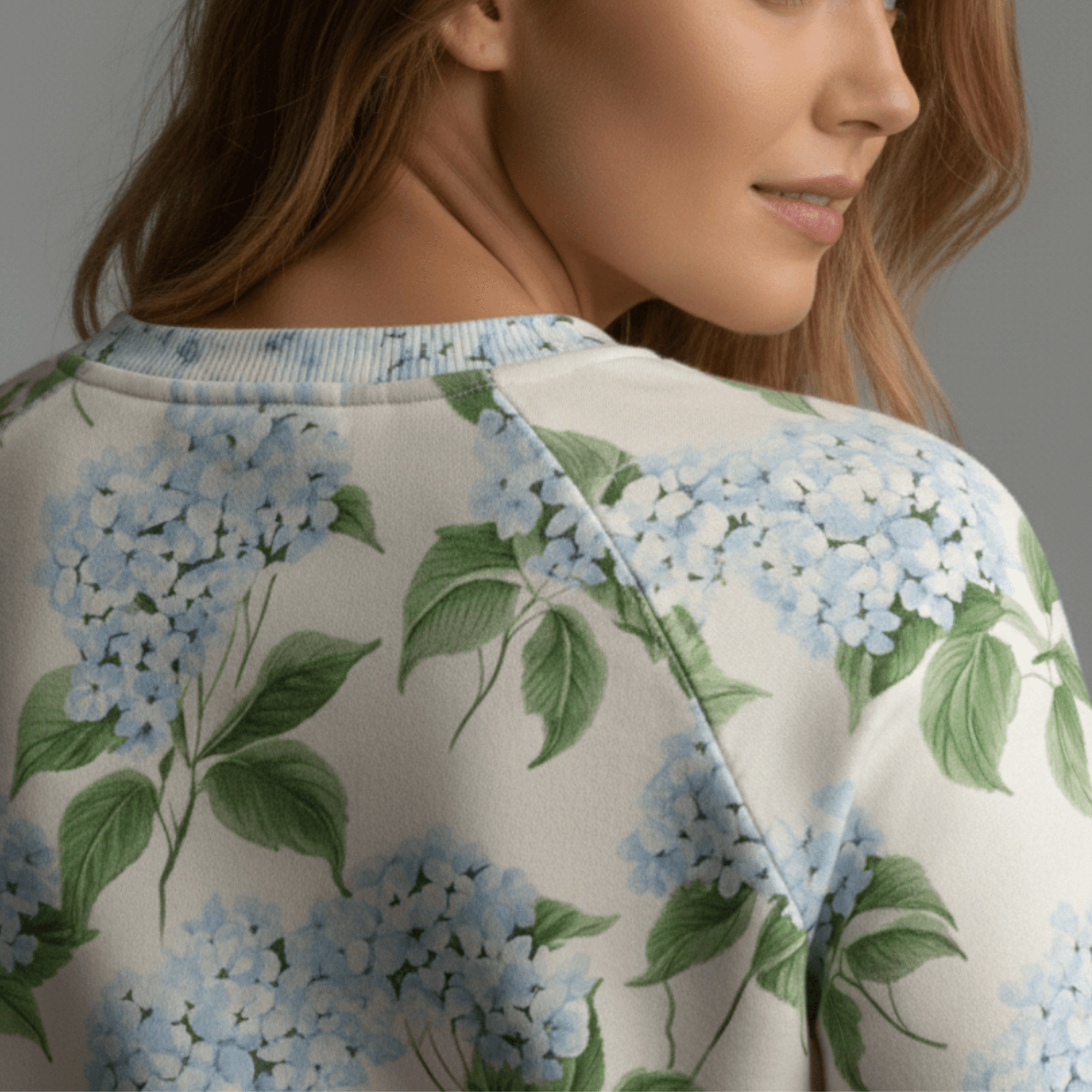 Cotton Sweatshirt in Blue Hydrangea Floral Print close up back
