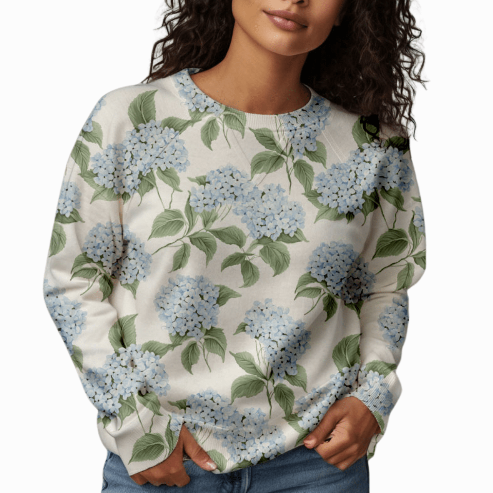 Cotton Sweatshirt in Blue Hydrangea Floral Print close up front
