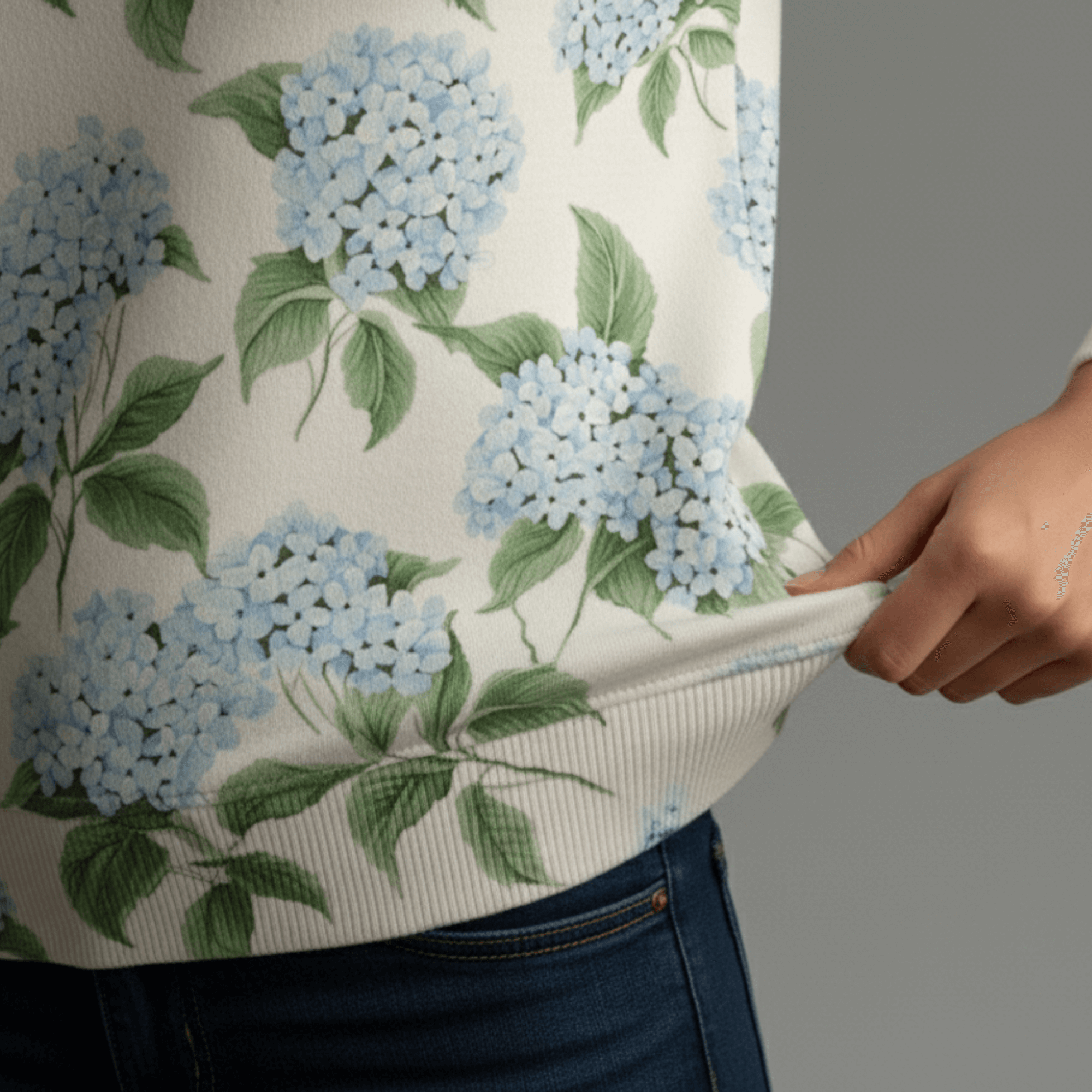 Cotton Sweatshirt in Blue Hydrangea Floral Print material details