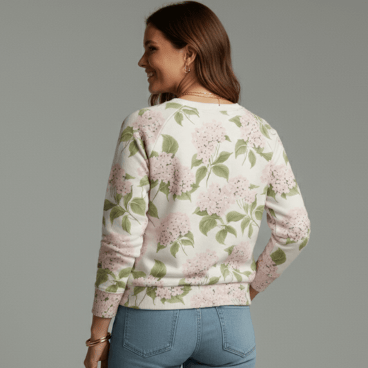 Cotton Sweatshirt in Pink Hydrangea Floral Print back 
