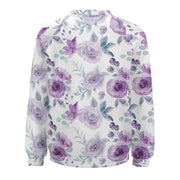 Floral patterned sweatshirt with purple flowers on a white background