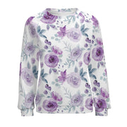 Sweatshirt with purple floral pattern on a white background
