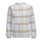Plaid sweater with beige and blue stripes on a white background