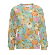 Sweatshirt with colorful pumpkin pattern on a light blue background