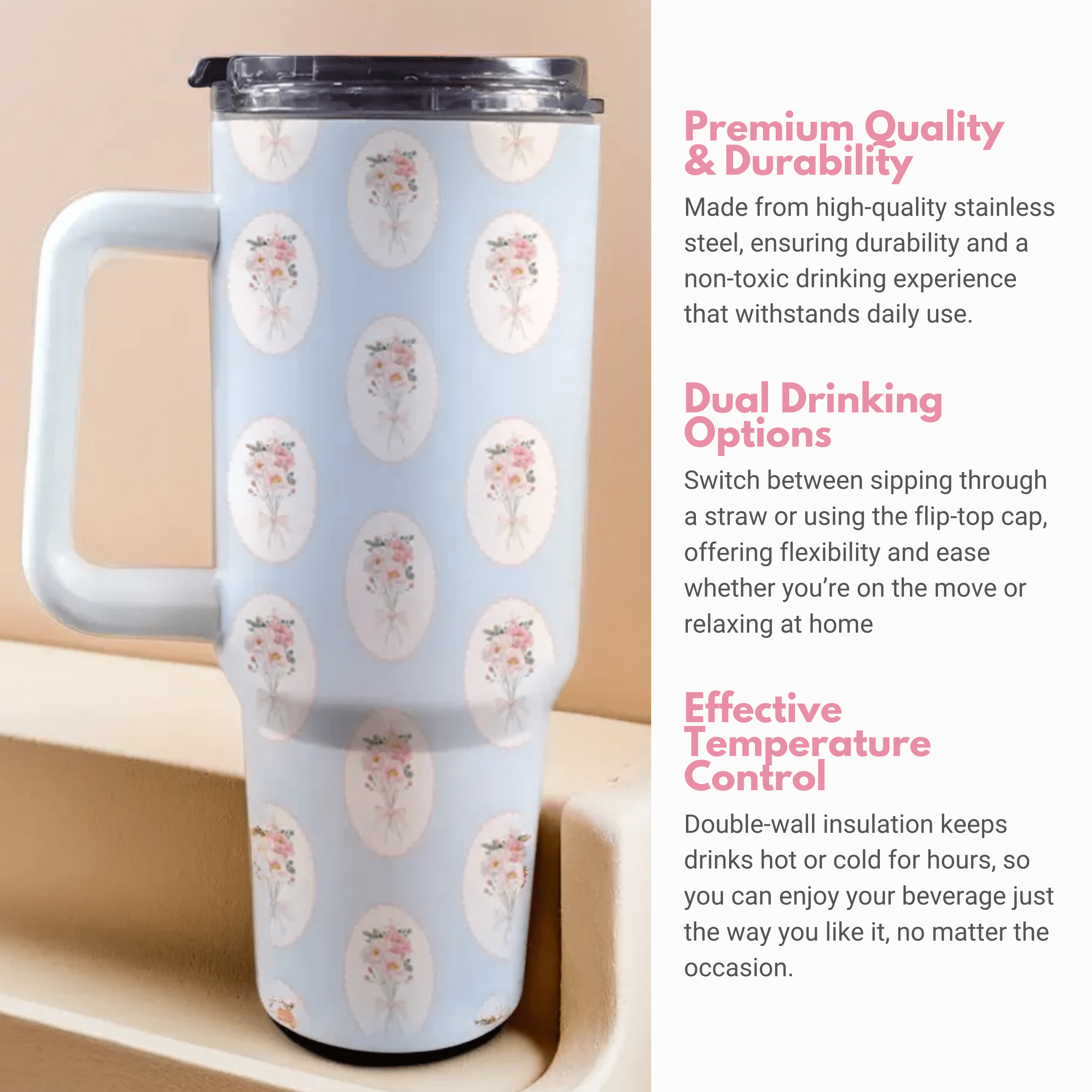Victoria Blue 40 Oz Floral Tumbler
